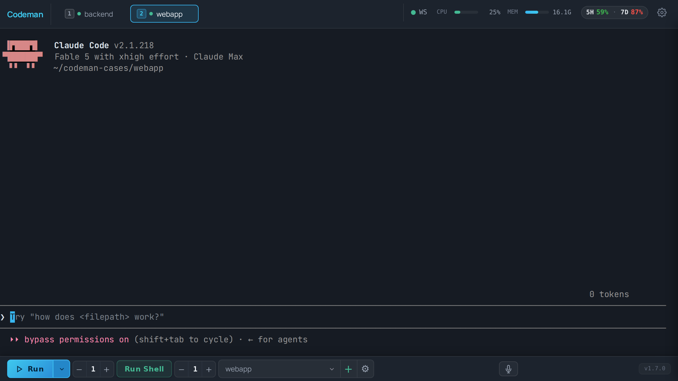 The Codeman desktop dashboard: session tabs across projects, a live terminal, plan-usage chips in the header